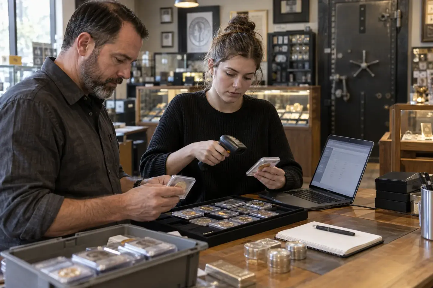 Two employees completing a physical count of graded coins and bullion.