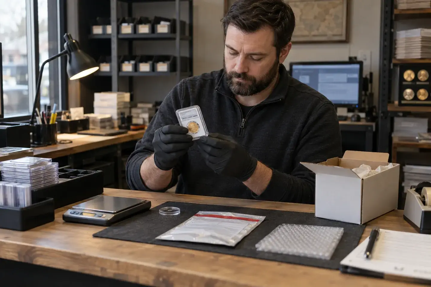 Employee verifying a graded coin at an organized insured-shipping station.