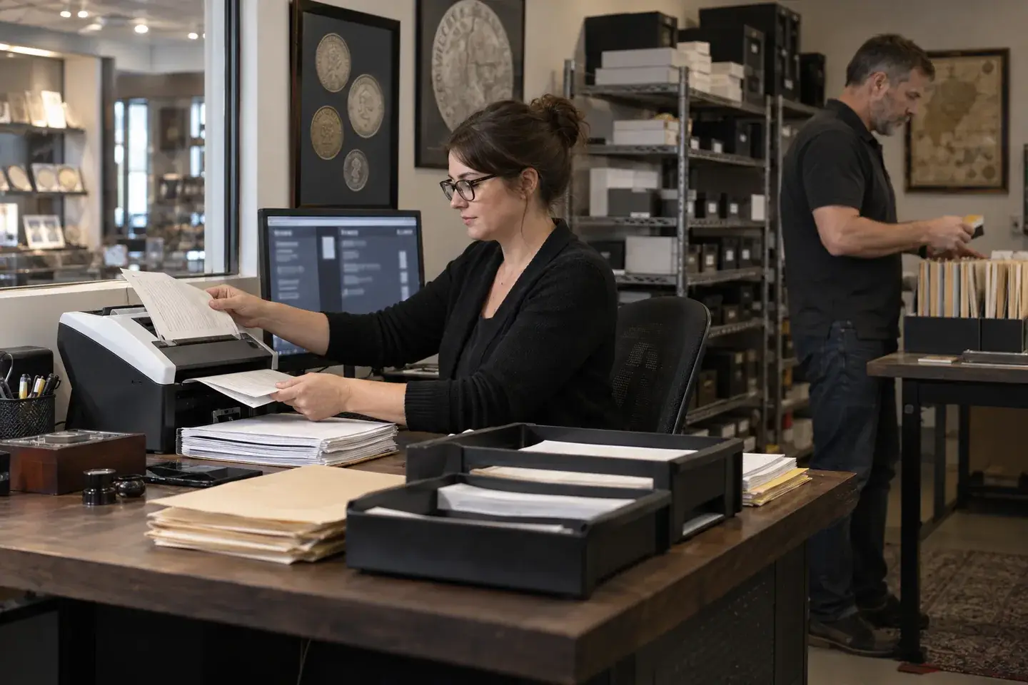 Staff organizing coin-shop documents with a scanner, folders and operations dashboard.