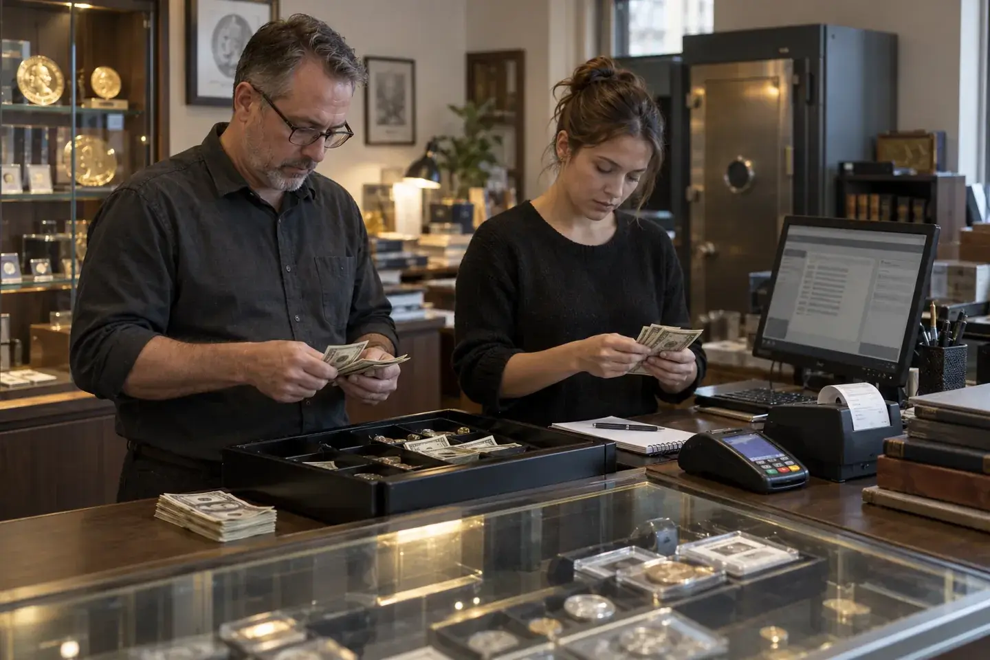 Two employees reconciling a coin-shop cash drawer with payment and receipt records.