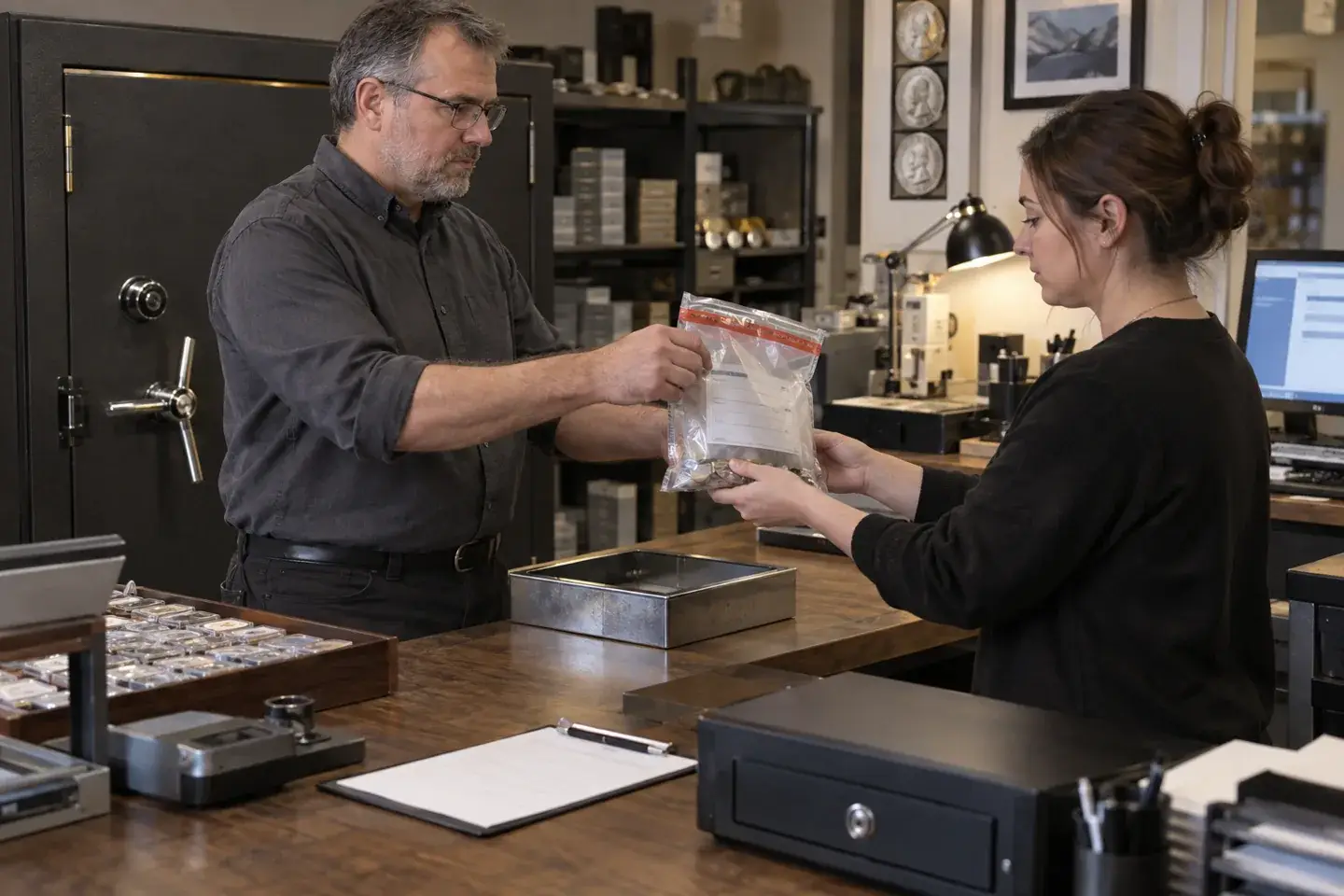 Manager and cashier completing a dual-custody bank-deposit bag handoff.