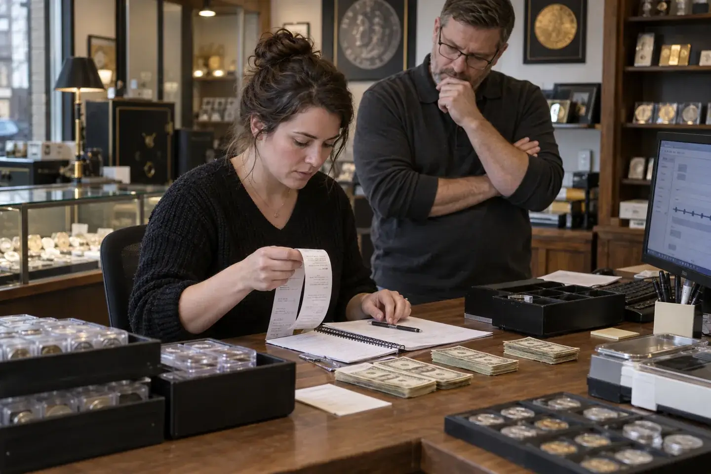 Employee and supervisor reviewing a small drawer discrepancy against transaction records.