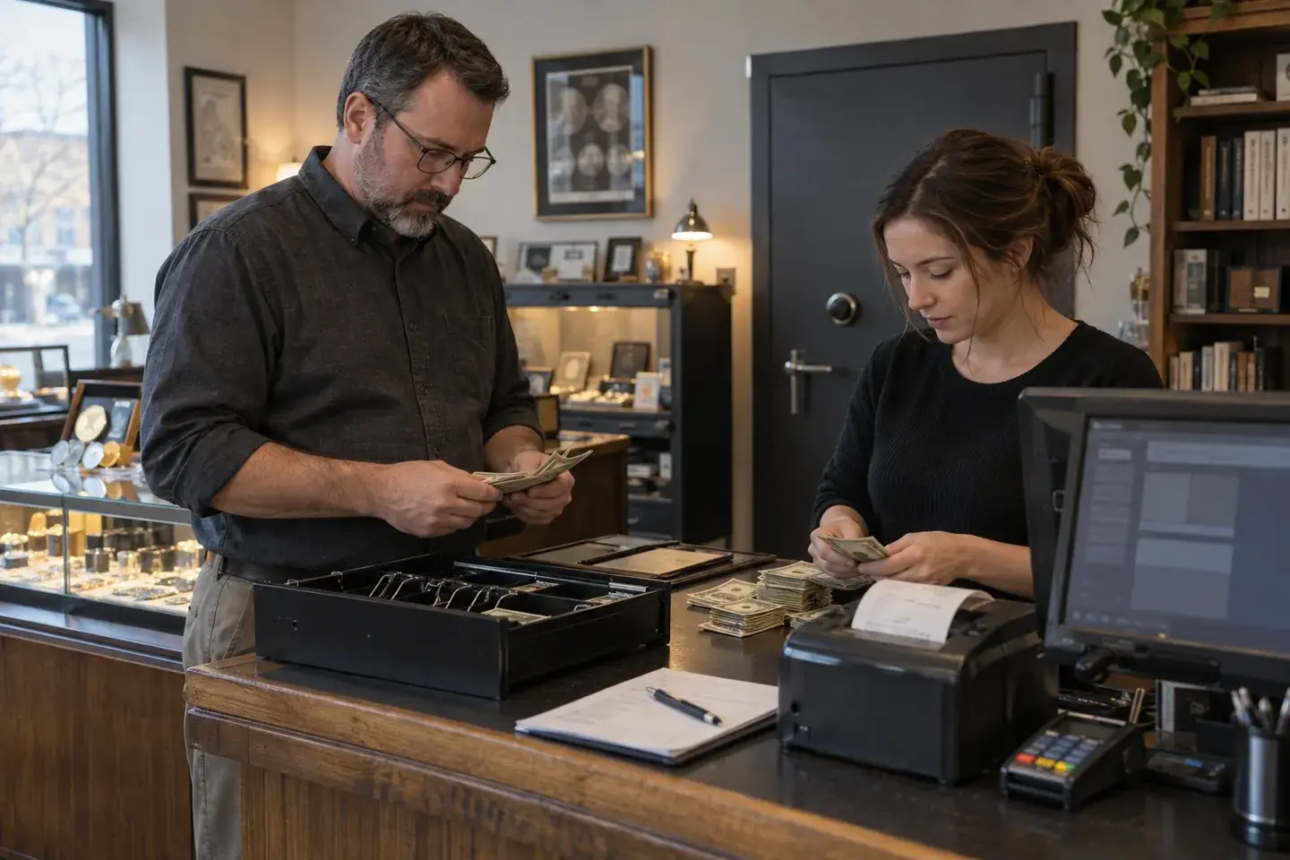 Manager and cashier reconciling a coin-shop cash drawer after closing.