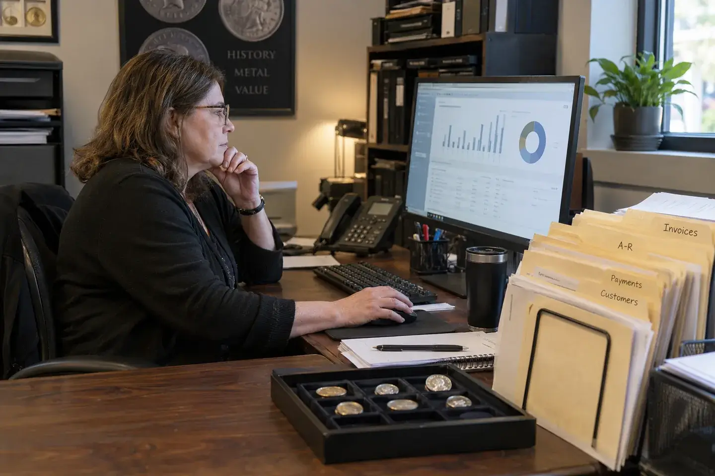 Bookkeeper reviewing an accounts-receivable dashboard and organized invoice files.