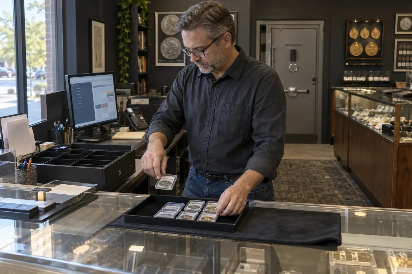 Employee preparing the coin-shop workstation and reviewing the day before opening.