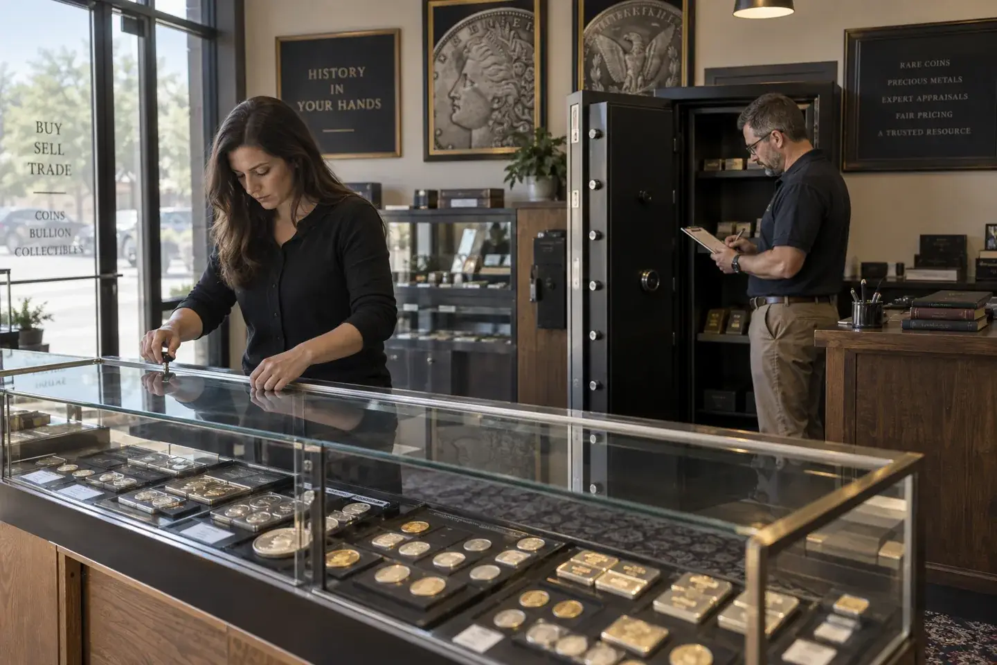 Employees checking displays and an opening checklist before a coin shop opens.