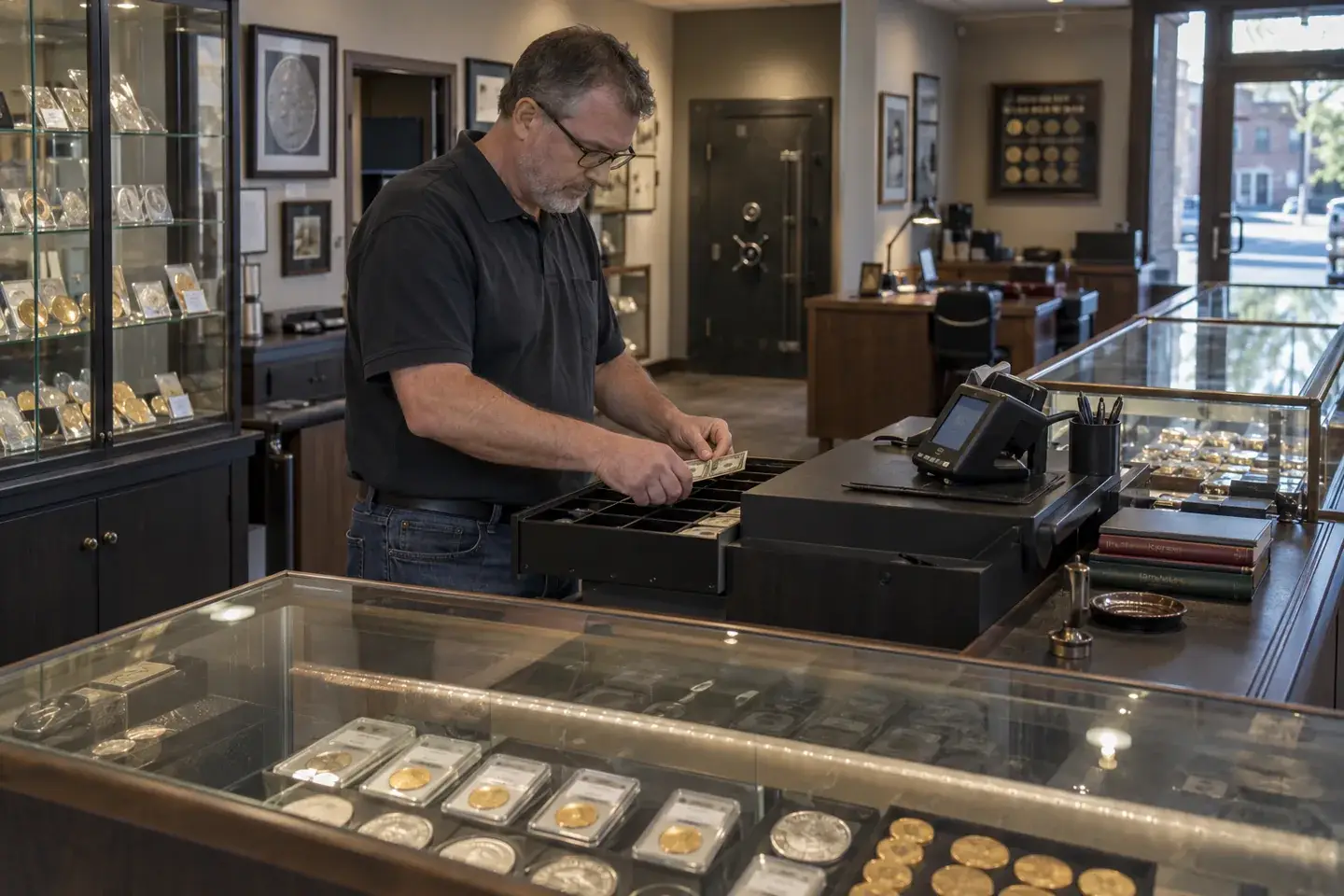 Employee checking the cash drawer, card terminal and display cases before opening.