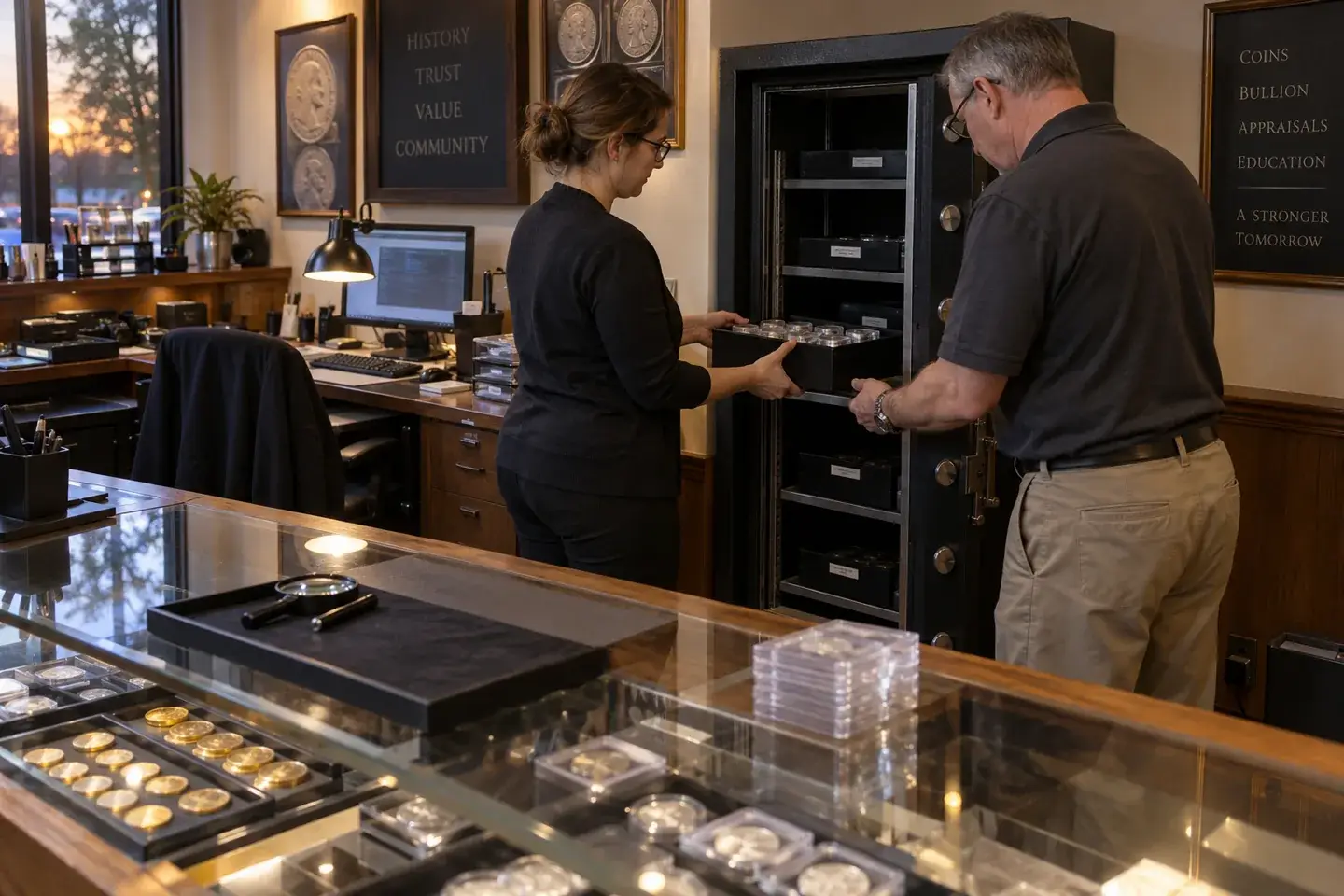 Two employees placing sealed inventory trays into a safe at closing time.
