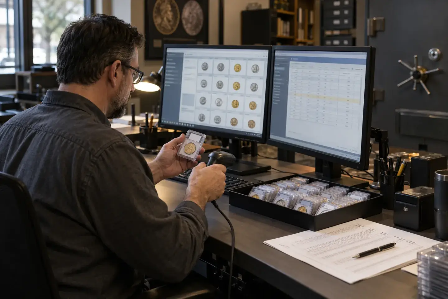 Inventory specialist scanning a graded coin while checking digital inventory and a printed spreadsheet.