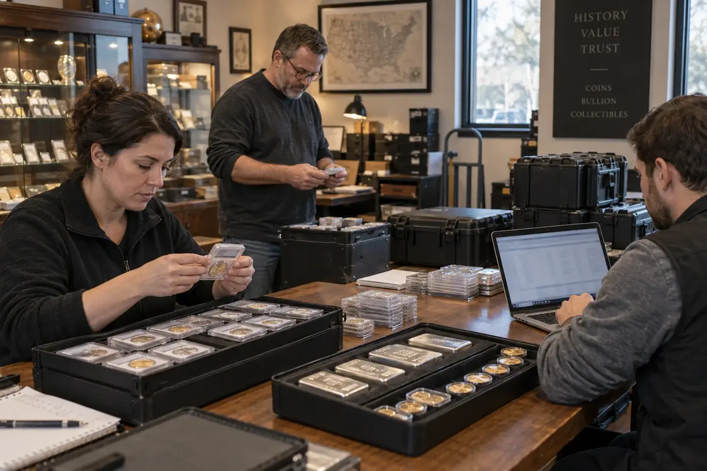Dealer team organizing graded coins and bullion for a regional coin show.