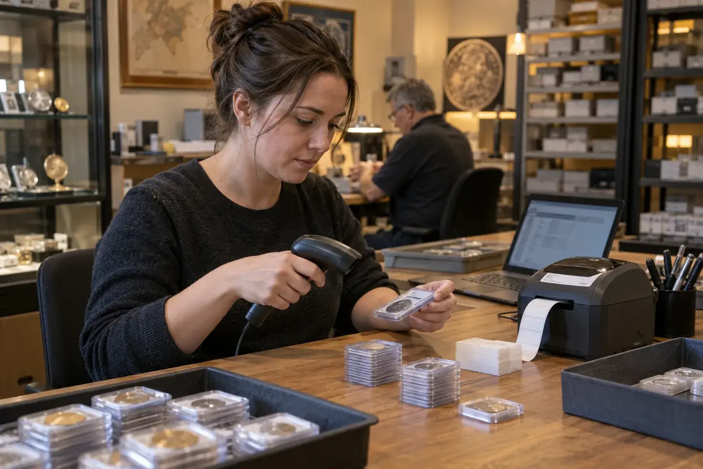 Staff member scanning and labeling protected coins for a show.