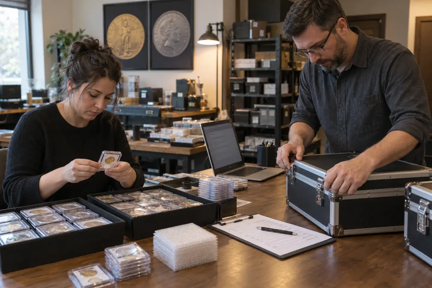 Employees verifying coin-show inventory before closing secure travel cases.