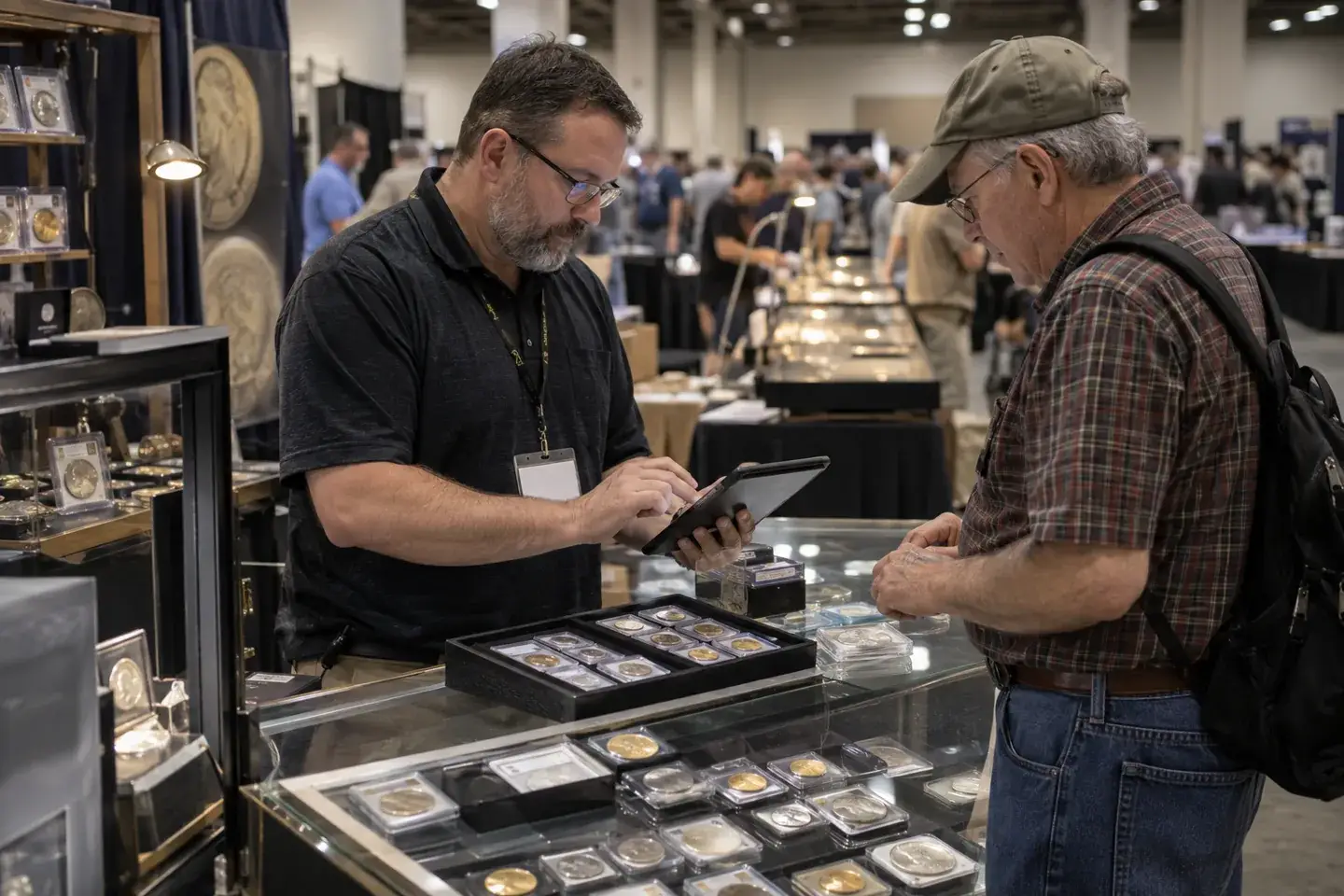 Dealer completing a collector transaction on a tablet at a regional coin show.