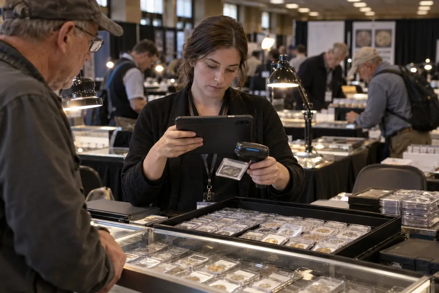 Booth assistant scanning a graded coin into traveling inventory with a tablet.