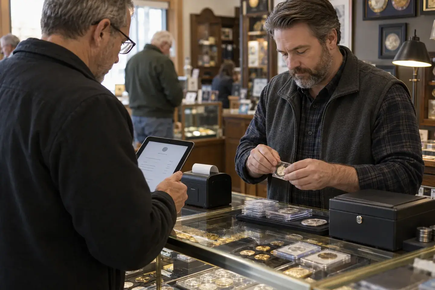 Customer reviewing a digital receipt while a dealer packages a purchased coin.