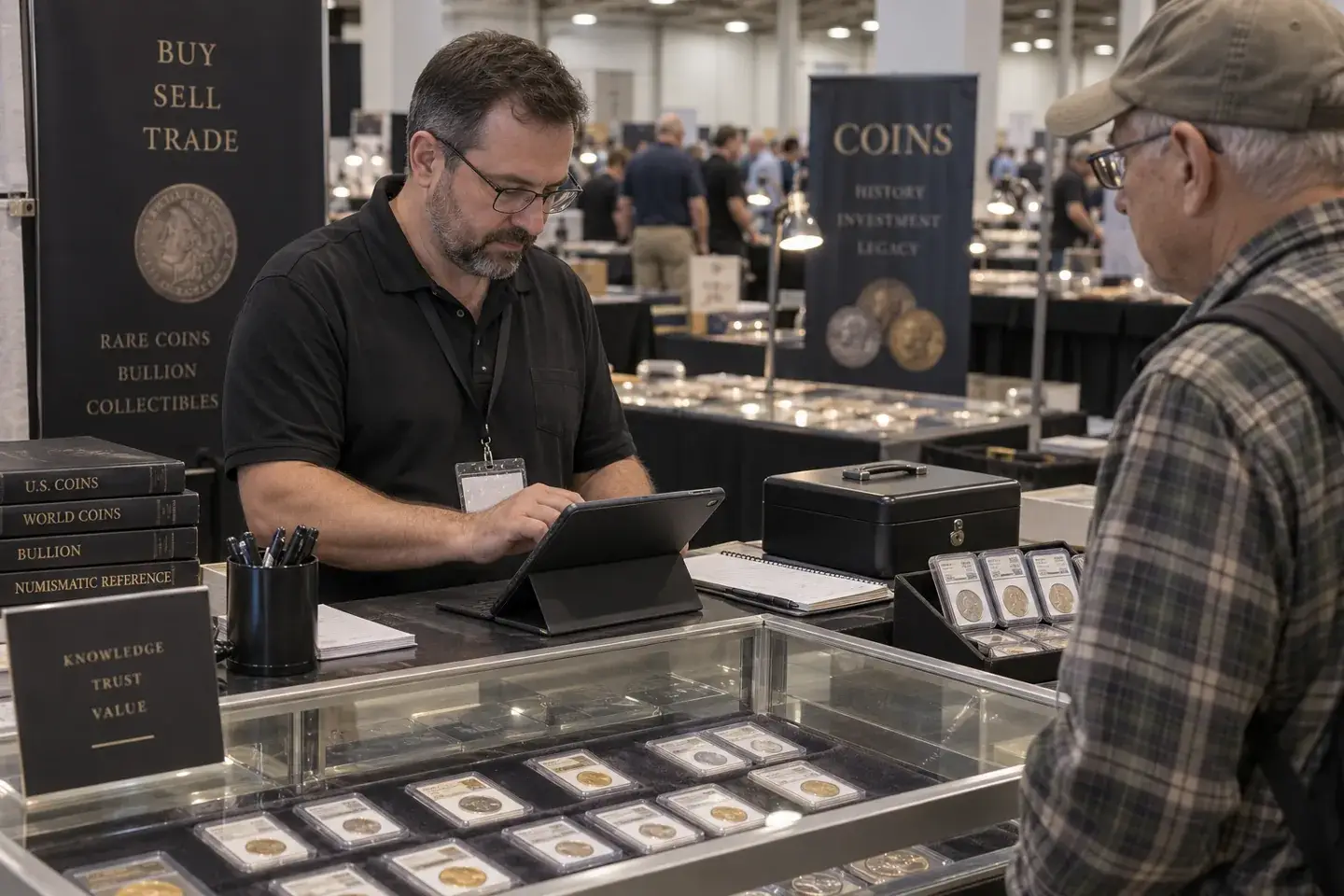 Dealer recording a coin-show transaction on a tablet beside a receipt book and secure cash case.