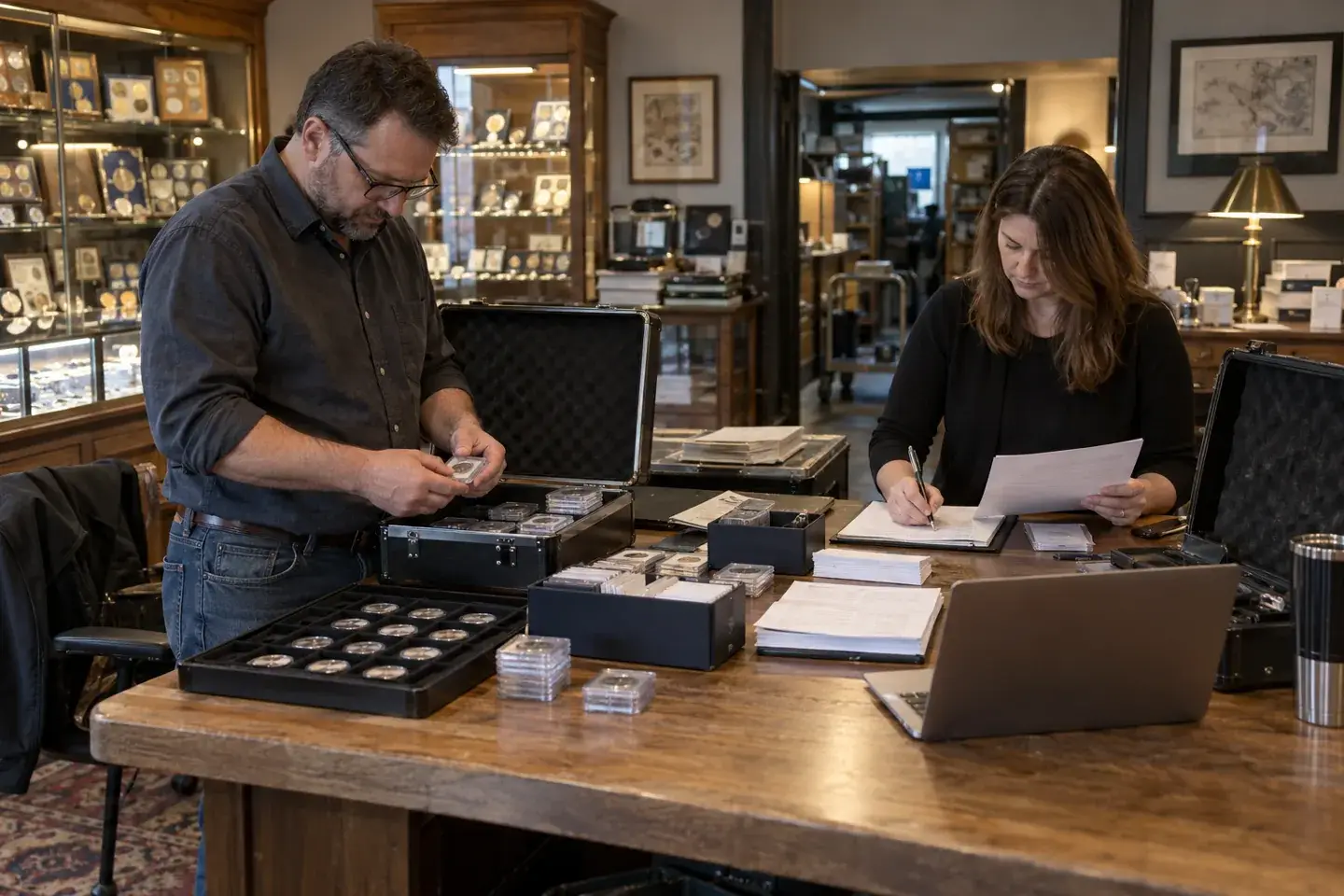 Employees reconciling secure travel cases, receipts and returned inventory after a coin show.