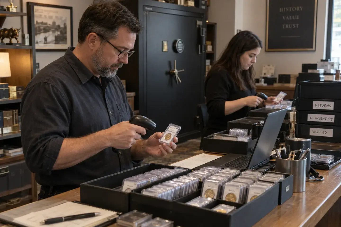 Staff scanning returned graded coins back into secure shop inventory.