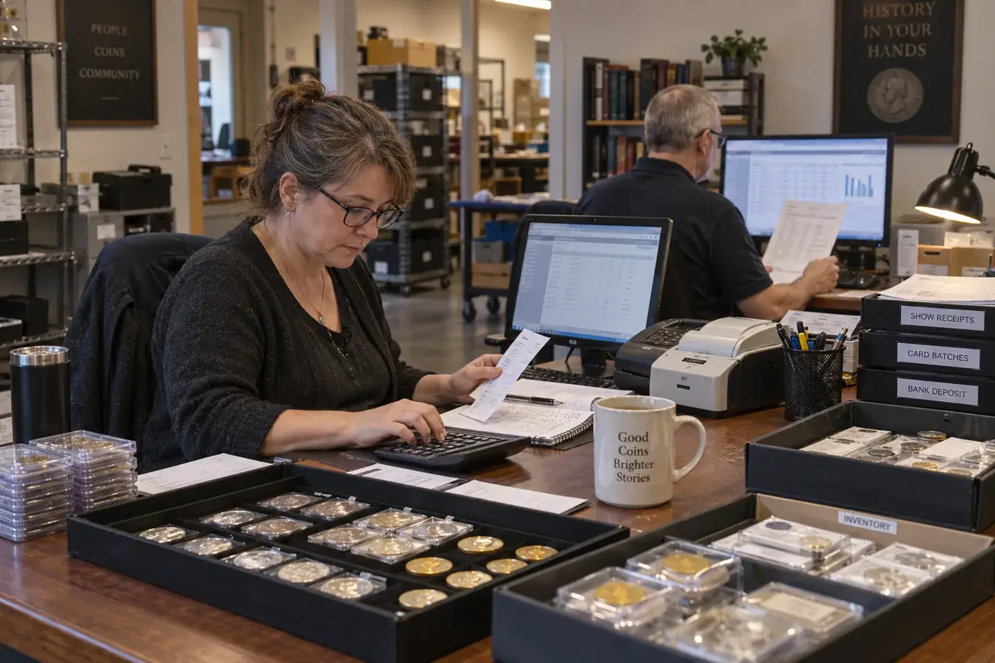 Bookkeeper reconciling coin-show cash, card batches and receipts with a colleague.