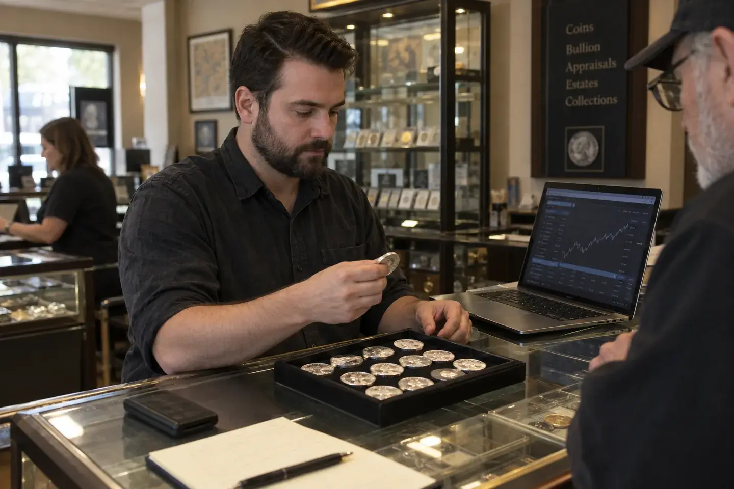 Dealer comparing silver products with a live pricing screen at the counter.
