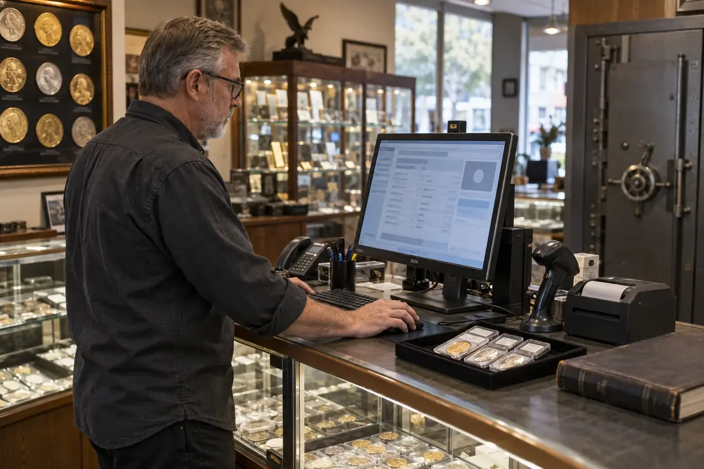 Coin-shop employee reviewing a digital transaction record beside graded coins and a receipt printer.