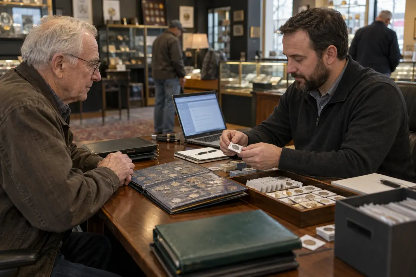 Dealer receiving an inherited coin collection from an older customer at a private intake table.