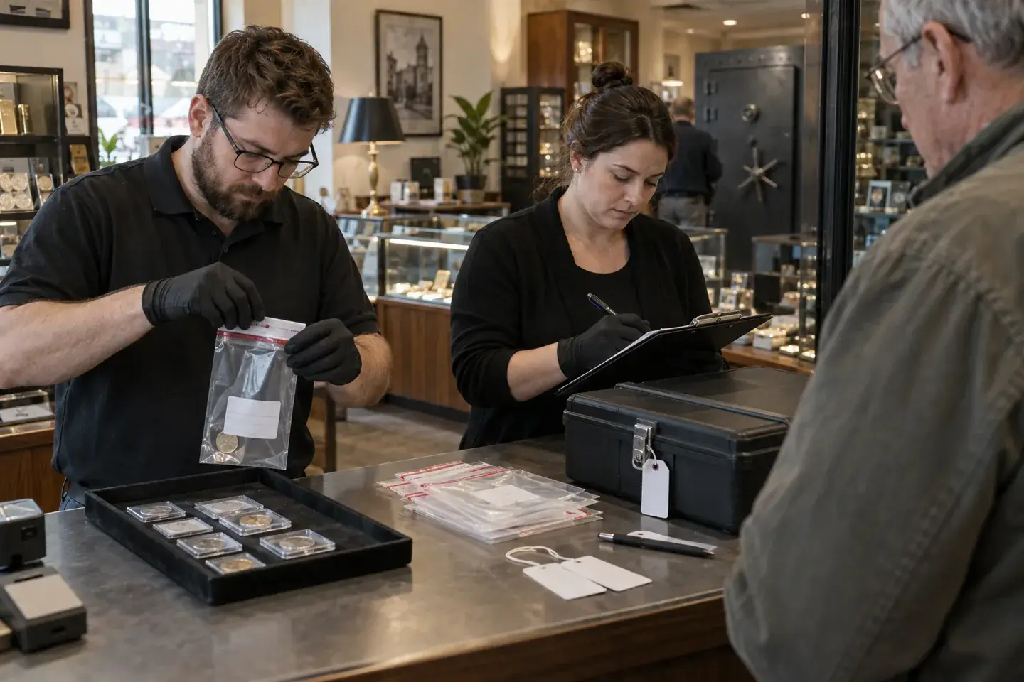 Employees sealing a coin collection in tamper-evident pouches during a custody handoff.
