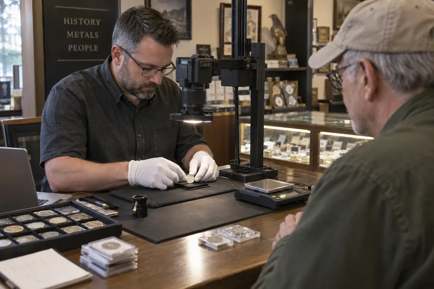 Intake specialist photographing and weighing coins while the customer observes.