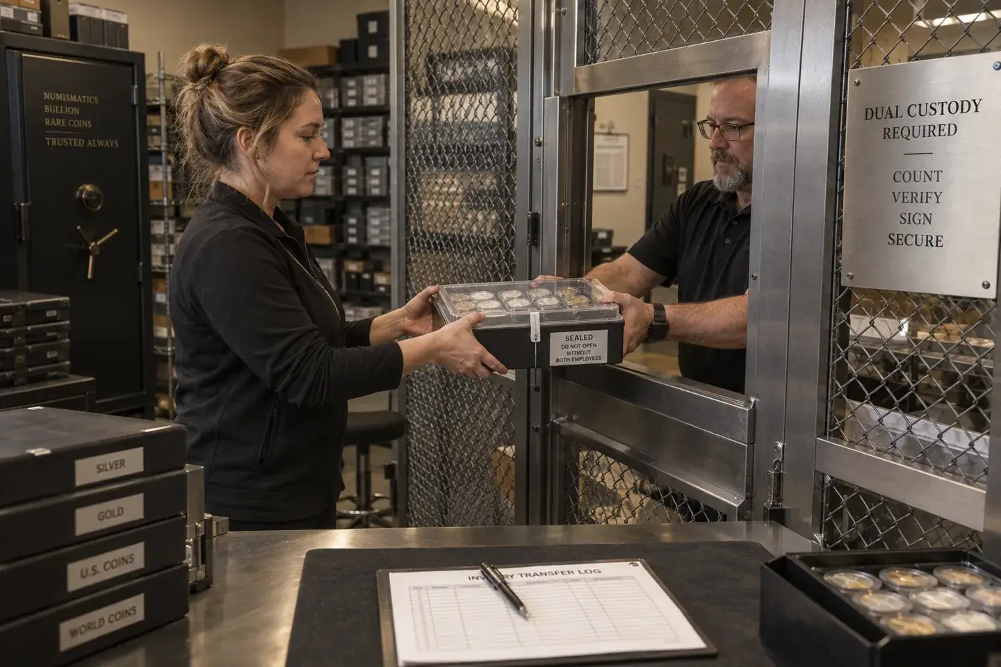 Two employees transferring a sealed inventory tray through a secure cage pass-through.