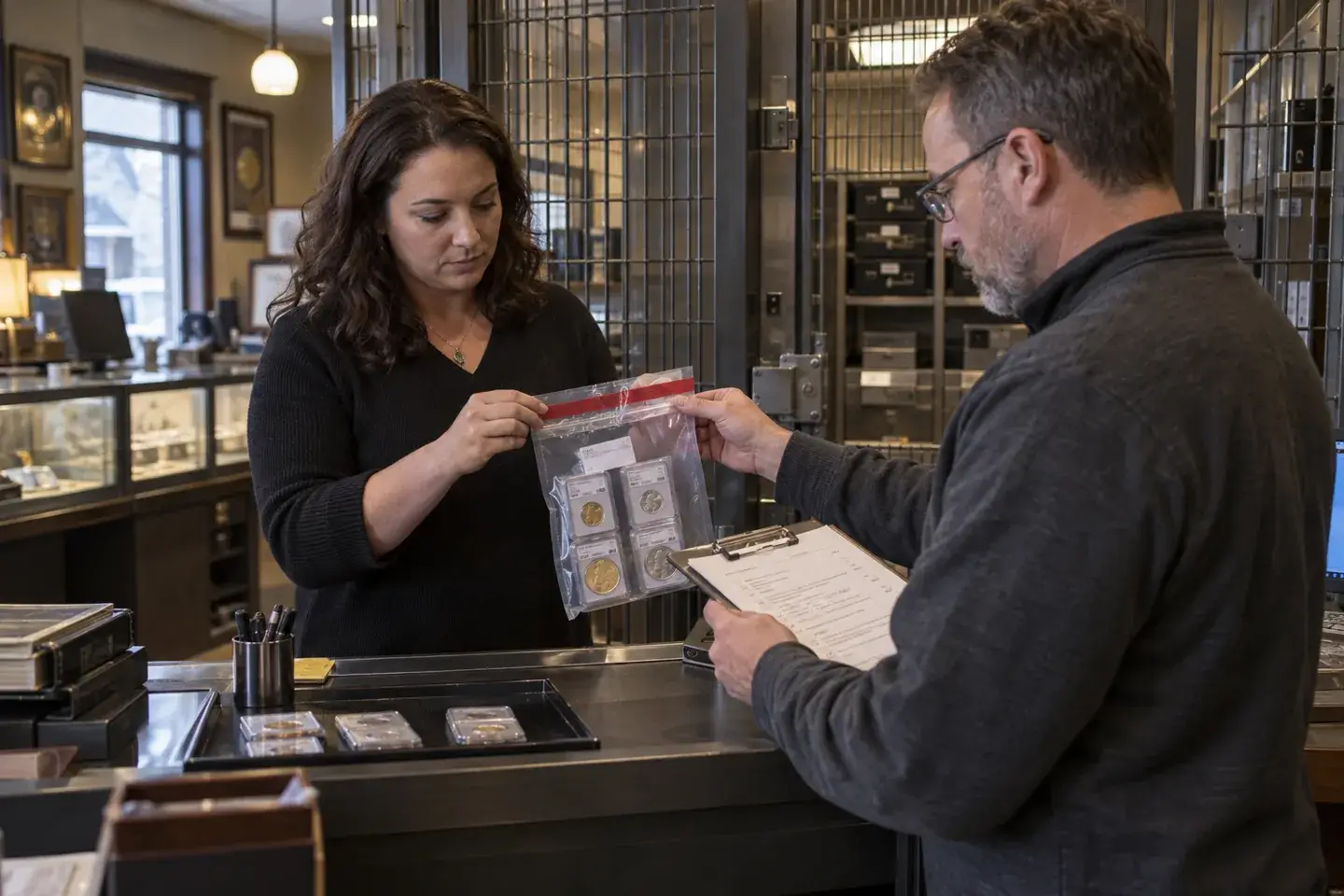 Employees performing a dual-control handoff of a tamper-evident coin pouch.