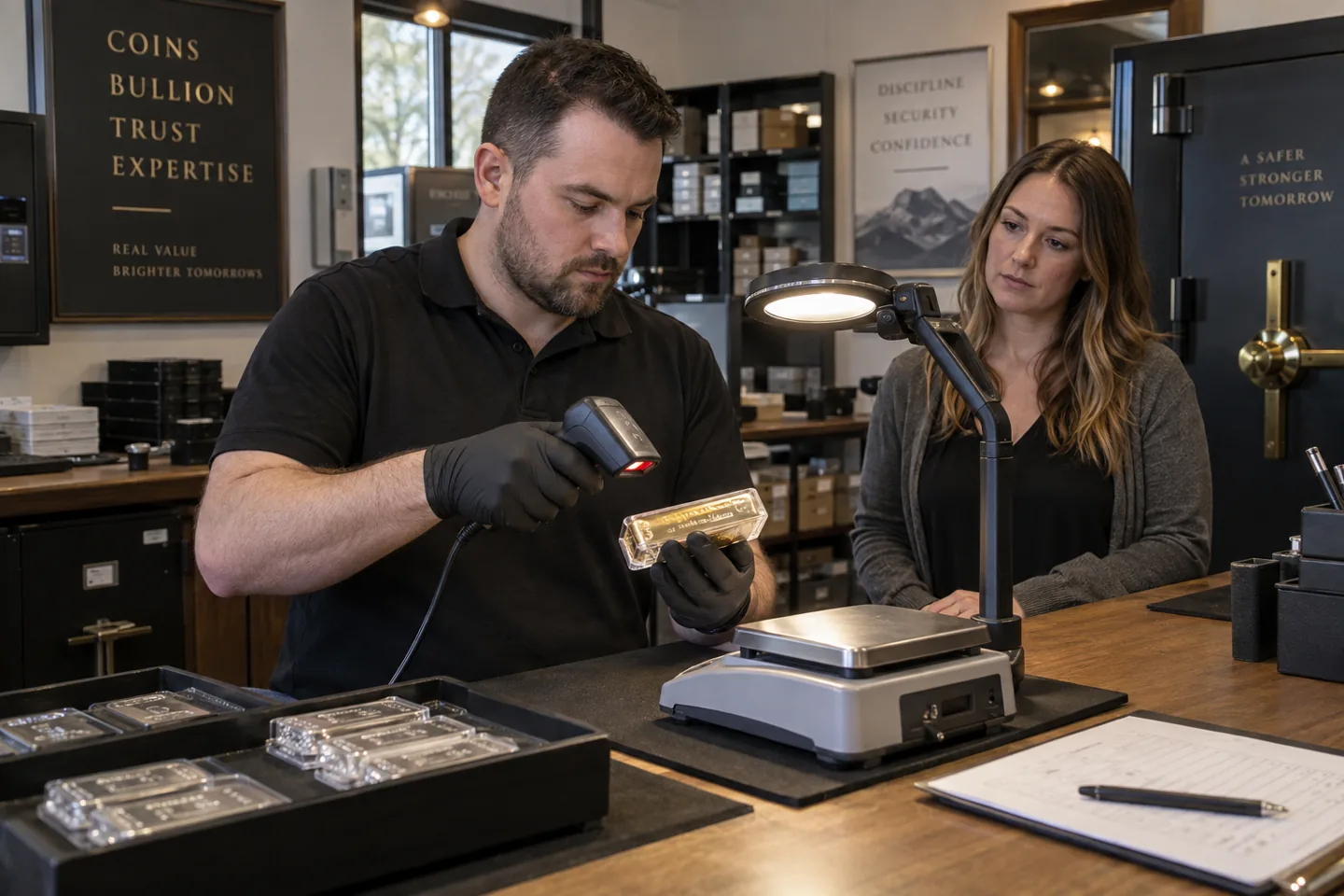 Receiving specialist weighing a sealed bullion bar while a second employee observes.
